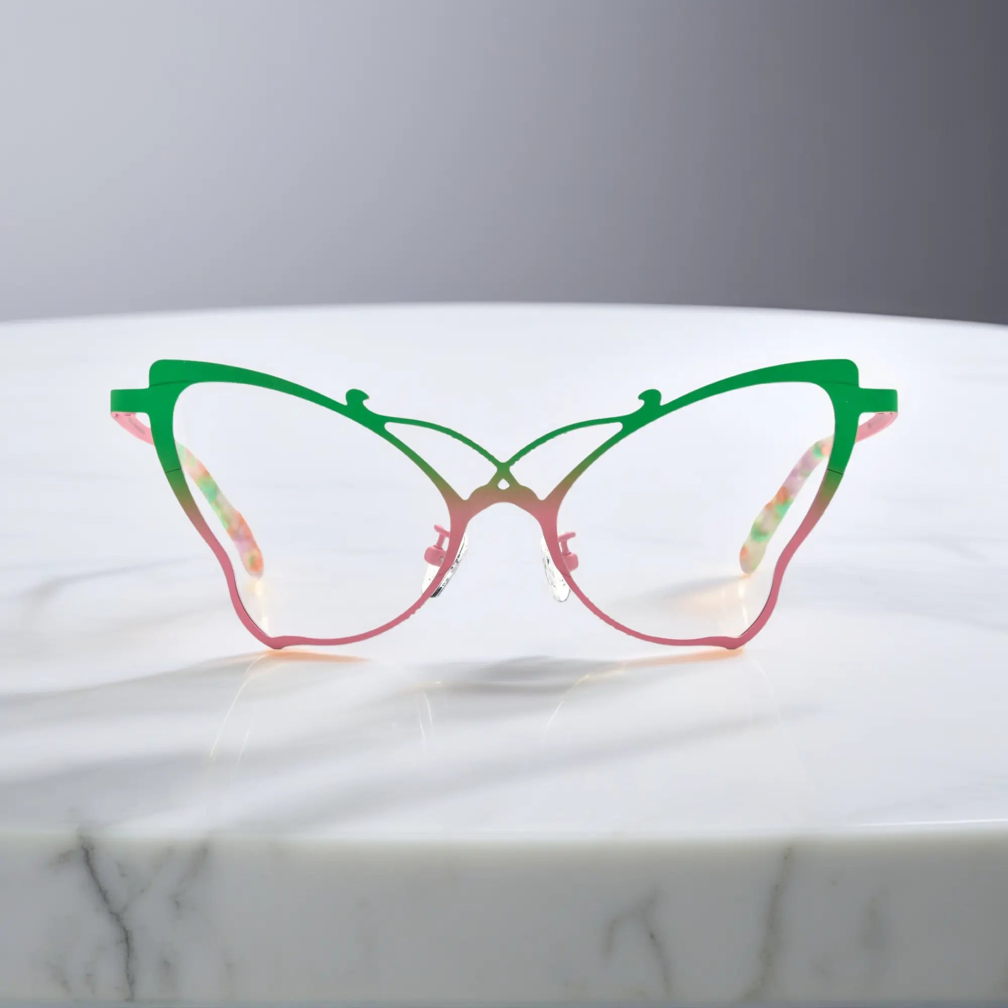 Front of VoyueLens™ VL185862 titanium butterfly eyeglasses in Green Blush – a lightweight, colorful, vintage-inspired, prescription ready frame designed for unique artistic style and everyday comfort.